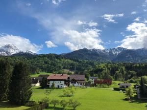 una casa in un campo con montagne sullo sfondo di Agnes Apartman a Latschach