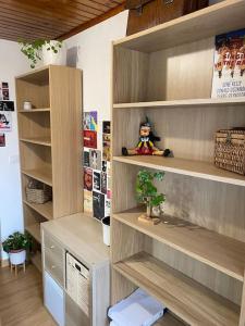 ein Bücherregal mit Spielzeug auf einem Zimmer in der Unterkunft Casa de campo a 5 min de Vigo in Mos
