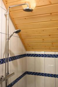 La salle de bains est pourvue d'une douche et d'un plafond en bois. dans l'établissement Ranč Stojnšek, à Rogaška Slatina