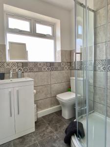 a bathroom with a toilet and a sink and a shower at Cairo House in Peacehaven
