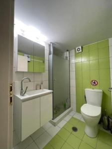 uma casa de banho com um WC, um lavatório e um chuveiro em Piccolo Centrale em Corfu Town