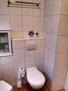 ein weißes Bad mit einem WC und einem Fenster in der Unterkunft Apartment Klingemann in Hannover