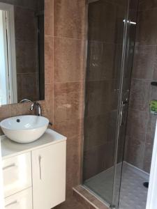 W łazience znajduje się szklana kabina prysznicowa i umywalka. w obiekcie Le Clos du Lupin w mieście Saint-Coulomb