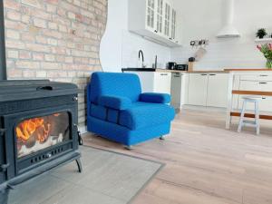 a living room with a blue chair and a fireplace at Landhof in Ganschendorf, Landhaus Seenah in Sarow