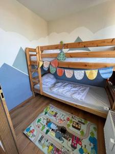 Etagenbett mit einem Teppich aus Spielzeug in einem Zimmer in der Unterkunft Harz-Idylle mit Sauna & Pool: Entspannung pur. in Braunlage