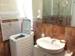 a bathroom with a sink and a toilet and a mirror at Solemio Apartman Kalocsa in Kalocsa