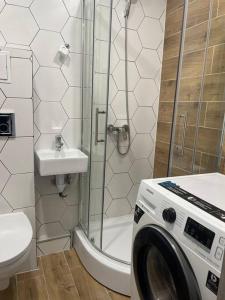 a washing machine in a bathroom with a shower at Klaipeda Center Apartment in Klaipėda