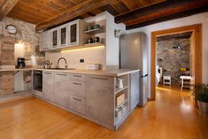 a kitchen with stainless steel appliances and a brick wall at Holiday Home Oliti with Pool in Mošćenice