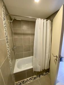 uma casa de banho com uma banheira e um chuveiro com uma cortina de chuveiro em Depto. cerca del centro em Córdoba