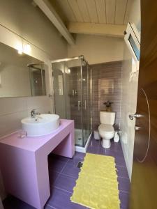 ein Bad mit einem Waschbecken und einem WC in der Unterkunft Sunny apartment with mountain view in Patras