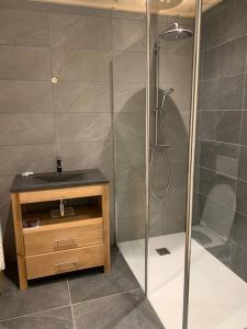 a bathroom with a shower and a sink at Chalet****Luxe Sauna & SPA Le Champenois in Samoëns