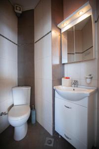 a bathroom with a toilet and a sink and a mirror at Stunning city view apt & parking space at Old town in Thessaloniki