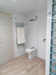 a white bathroom with a toilet and a shower at Las Vistas in Buendía
