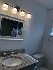 ein Badezimmer mit einem Waschbecken, einem WC und einem Spiegel in der Unterkunft Comfy Beautiful 3 bedroom Home in Jacksonville in Jacksonville
