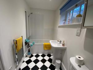 a bathroom with a sink and a shower and a toilet at Old Droxford Station Signal Box in Soberton