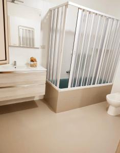 uma casa de banho com um chuveiro, um lavatório e um WC. em LEVANTE APPARTAMENTO SUL MARE em Porto Cesareo
