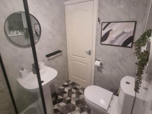 a bathroom with a sink and a toilet and a mirror at Cosy Moat House Cottage #3 in Pembroke