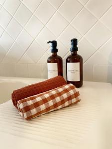 dos botellas de jabón y una toalla en un mostrador en "La paisible" Maison vue sur le Rhône Arles, en Arles