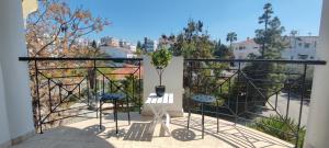 a balcony with two chairs and a potted plant on it at Zinas modern flat Nicosia in Strovolos