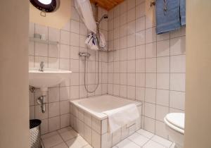 a bathroom with a shower and a toilet and a sink at Küstenmotorschiff Aventura in Bremen