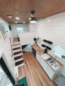 an aerial view of a kitchen in a tiny house at Tiny Islands Resort in Blanco
