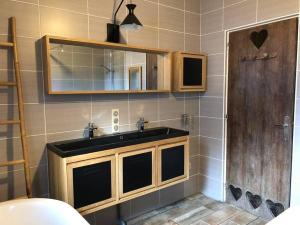 łazienka z umywalką i lustrem w obiekcie La Maison de Suzanne w mieście Murol