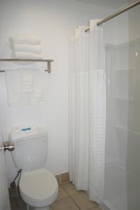 a bathroom with a toilet and a shower at Signature Anaheim Maingate in Anaheim