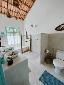 a bathroom with a toilet and a sink and a tub at Pousada Céu de Corumbau in Corumbau