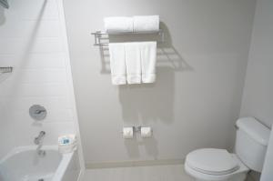 Baño blanco con aseo y lavamanos en Holiday Inn Express Fremont - Milpitas Central, an IHG Hotel en Fremont