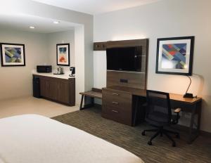 Habitación de hotel con cama, escritorio y TV. en Holiday Inn Express Fremont - Milpitas Central, an IHG Hotel en Fremont
