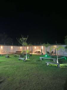 圣阿马鲁Eco House Gaivota - Cond Ville Portal das Dunas的一群长凳在野外的夜晚