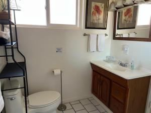 a bathroom with a toilet and a sink at Casa Larrea Inn in Palm Desert