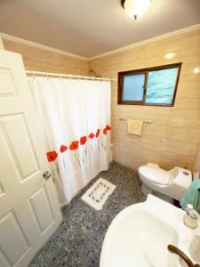 a bathroom with a toilet and a white shower curtain at Waiwen in Pichilemu