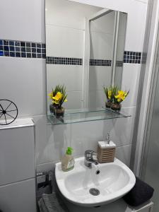 La salle de bains est pourvue d'un lavabo, d'un miroir et de fleurs. dans l'établissement Luxueux Logement Entier à 5mn de PARIS avec Cour, à Villejuif