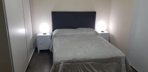 a small bedroom with a bed with two lights on it at Dpto Falucho in San Luis