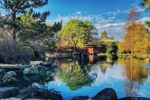 a pond in a park with trees and a building at 1 Private Double Room in Berala near Station close to Olympic Park in Regents Park
