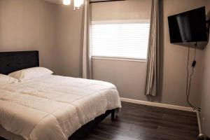 sypialnia z łóżkiem, telewizorem i oknem w obiekcie Home Away From Home (w/ Pool) w mieście San Antonio