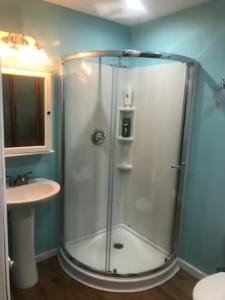 a bathroom with a shower and a sink at Cozy studio with movie theater, beach 5 min away in Morehead City
