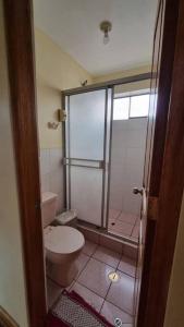 La salle de bains est pourvue de toilettes et d'une cabine de douche. dans l'établissement Kuntur Wasi: Super Cómodo, iluminado y céntrico, à Cusco