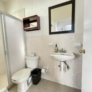 a bathroom with a toilet and a sink and a mirror at Habitacion Privada Ejecutiva Confortable Minisplit Amenidades 1 in Castillo Teresa