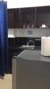 a kitchen with a sink and a roll of paper towels at Donadel Hometel in Iloilo City