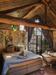 um quarto com uma cama, uma banheira e um lavatório em Rêve Aveyron em Broquiès