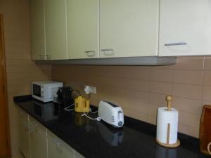 encimera de cocina con tostadora, tostadora y microondas en Apartment by the beach en Oporto