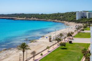 een uitzicht op een strand met palmbomen en de oceaan bij Strandwohnung Marina Park Playa in Cala Millor
