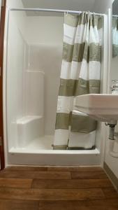 a bathroom with a shower and a sink at Soldotna Lodge in Soldotna