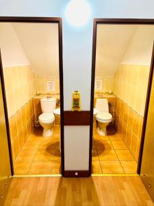 La salle de bains est pourvue de 2 toilettes et de 2 miroirs. dans l'établissement Hostel Pod Gromadzyniem, à Ustrzyki Dolne