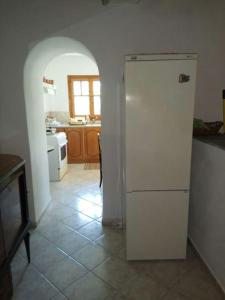 a kitchen with a white refrigerator in a room at Villa in Skiathos in Kechria