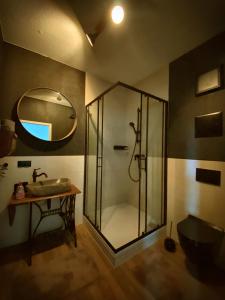 a bathroom with a shower with a sink and a mirror at Flat Hundertwasser in Erfurt
