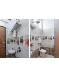 two pictures of a bathroom with a toilet and a sink at Hotel Atit Villa, Ujjain in Ujjain