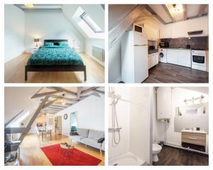 4 images d'une chambre avec un lit et une cuisine dans l'établissement Appartement dans le vieux Châteauroux, à Châteauroux